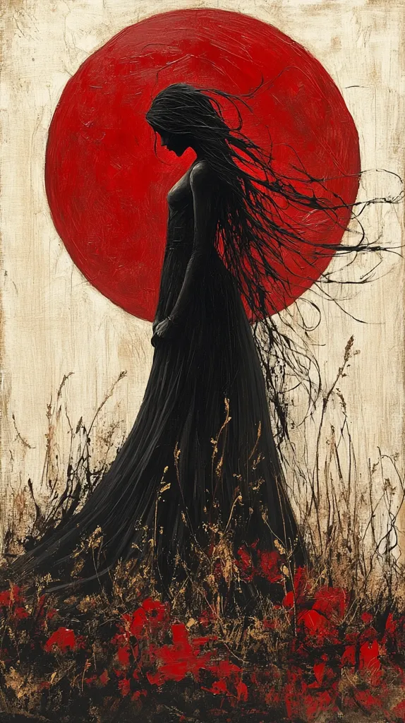 The painting depicts a woman in a long black dress standing in a field of red flowers. She is silhouetted against a large, red orb, which could be the sun or moon. The woman's hair is long and flowing, and her dress is billowing in the wind. The background is a muted beige color, creating a contrast with the vibrant red and black of the foreground. The painting evokes a sense of mystery and intrigue, and the woman's expression is both melancholy and hopeful.