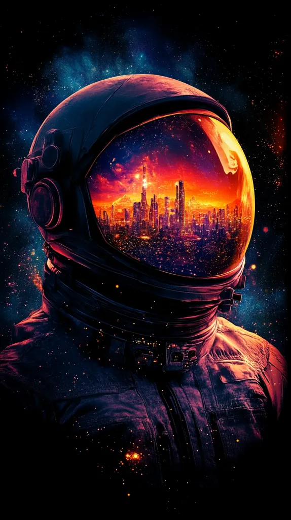 The image depicts an astronaut wearing a spacesuit, with a futuristic cityscape reflected in the helmet visor. The cityscape is bathed in warm, orange light, while the surrounding space is filled with twinkling stars and a swirling nebula. The image evokes a sense of wonder and exploration, suggesting a journey to a new and distant world. The dark and intricate details of the astronaut's spacesuit add to the futuristic and mysterious feel of the image.