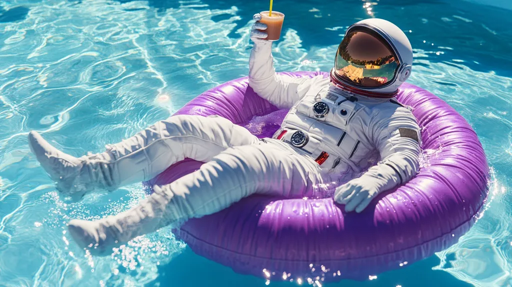 An astronaut, wearing a white spacesuit, is floating in a purple inflatable ring in a swimming pool. They are holding a cup of what appears to be a cold beverage with a straw and looking relaxed as they enjoy a day in the sun. Their white boots are visible as they lay back and relax on the ring.  The blue water is sparkling and the overall image is one of fun and relaxation.