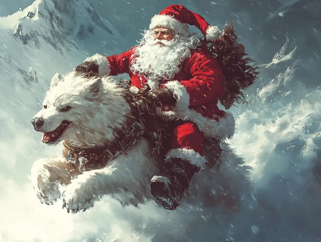 Santa Claus, in his traditional red suit and white beard, rides a large white wolf through a snowy mountain landscape. He is carrying a sack of presents and looks determined. The wolf is leaping through the air, its paws barely touching the snow. The scene is filled with swirling snow and a sense of urgency.