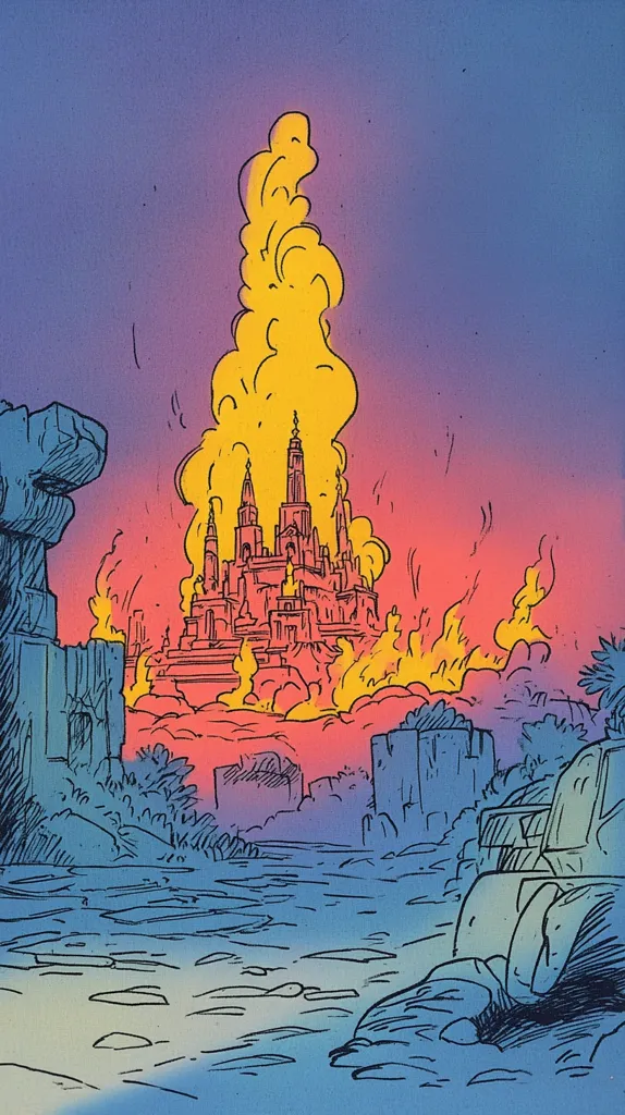 A large, complex castle is engulfed in a yellow and orange fire. The castle sits on a hill, and there are many trees and rocks surrounding it. The sky is a gradient of purple and pink, and the fire is billowing into the air. The scene is chaotic and dramatic.