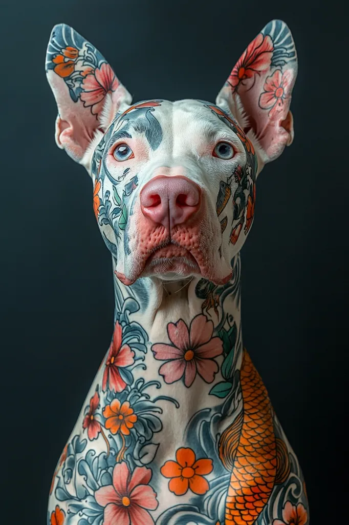 A white dog with blue eyes and a pink nose stares directly at the camera. It has a full body tattoo of flowers, fish, and waves, styled after Japanese tattoo art. The background is a simple dark blue.  The dog looks both curious and serious.