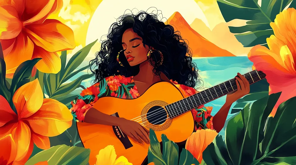 A woman with long black hair, wearing a floral dress, sits in a tropical setting and plays a classical guitar. She is surrounded by large vibrant orange flowers and lush green leaves. The background includes a blue body of water and a distant orange mountain range. The overall scene is one of peace and tranquility.