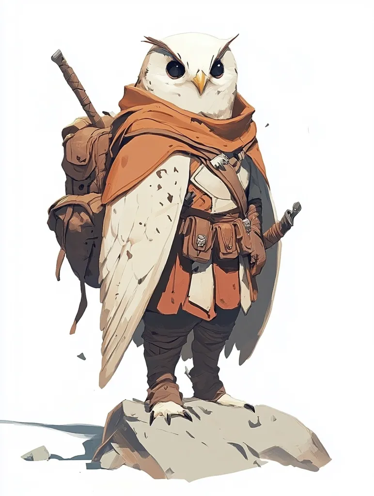 A white owl with large, dark eyes stands on a rock, looking serious. It is wearing an orange cloak and carrying a backpack with a sword strapped to it. The owl appears to be a warrior or adventurer. The background is a simple white, drawing attention to the owl. The image has a whimsical and slightly fantastical tone.