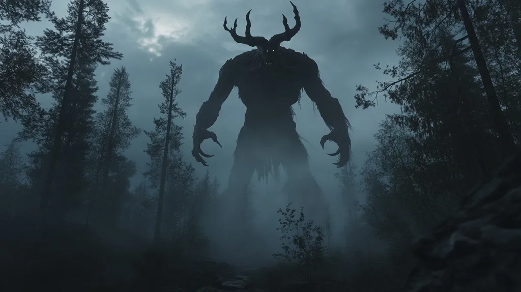 The image depicts a monstrous silhouette of a creature with large antlers, standing tall in a dense and misty forest. The creature's menacing presence looms over the viewer, creating a sense of fear and dread. The dark and eerie atmosphere of the forest adds to the unsettling nature of the image. The creature's long claws and sharp teeth suggest its predatory nature, while the thick fog surrounding it obscures its true form and adds to the sense of mystery. The scene evokes a sense of impending danger and invites the viewer to imagine the creature's terrifying intentions.
