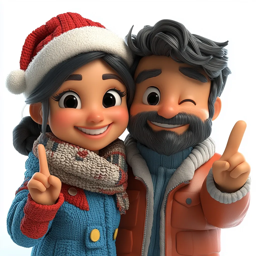 A cartoon couple dressed in winter clothes are smiling and pointing up with their index fingers. The woman is wearing a red and white Santa hat, a blue knitted jacket, and a gray and white scarf. The man is wearing a brown jacket with a blue sweater underneath. They both have big eyes and happy expressions. The background is a white, blank space.