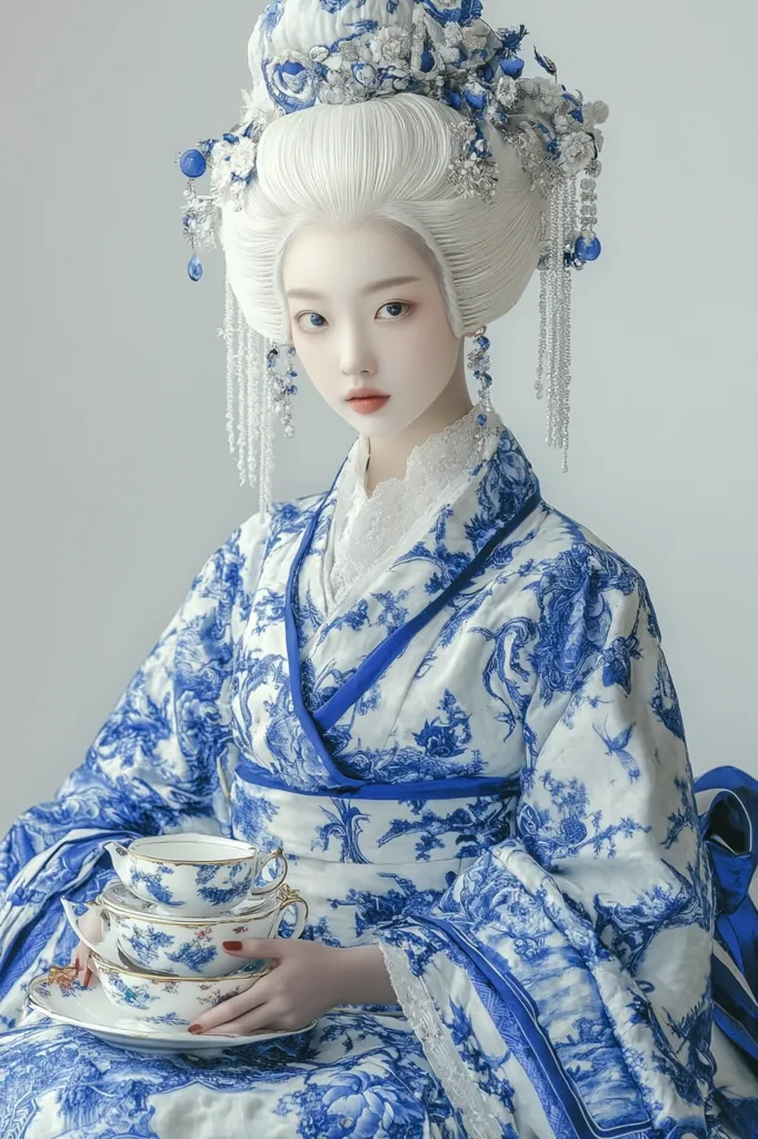 A woman with pale skin and white hair styled in a traditional Chinese bun adorned with blue and silver ornaments, wears a white and blue kimono with a delicate floral pattern. She holds a stack of porcelain teacups, showcasing the beauty of traditional Chinese fashion and tea culture. The image captures a sense of elegance and tranquility.