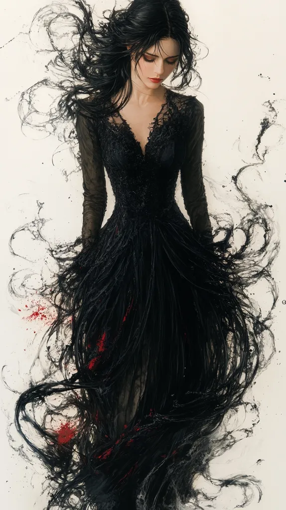 A woman with long black hair, wearing a black lace dress, stands against a white background. Her hair flows around her like tendrils, and there are splashes of red on the white background. The woman has a serious expression on her face, and her eyes are downcast. The image is both elegant and mysterious.