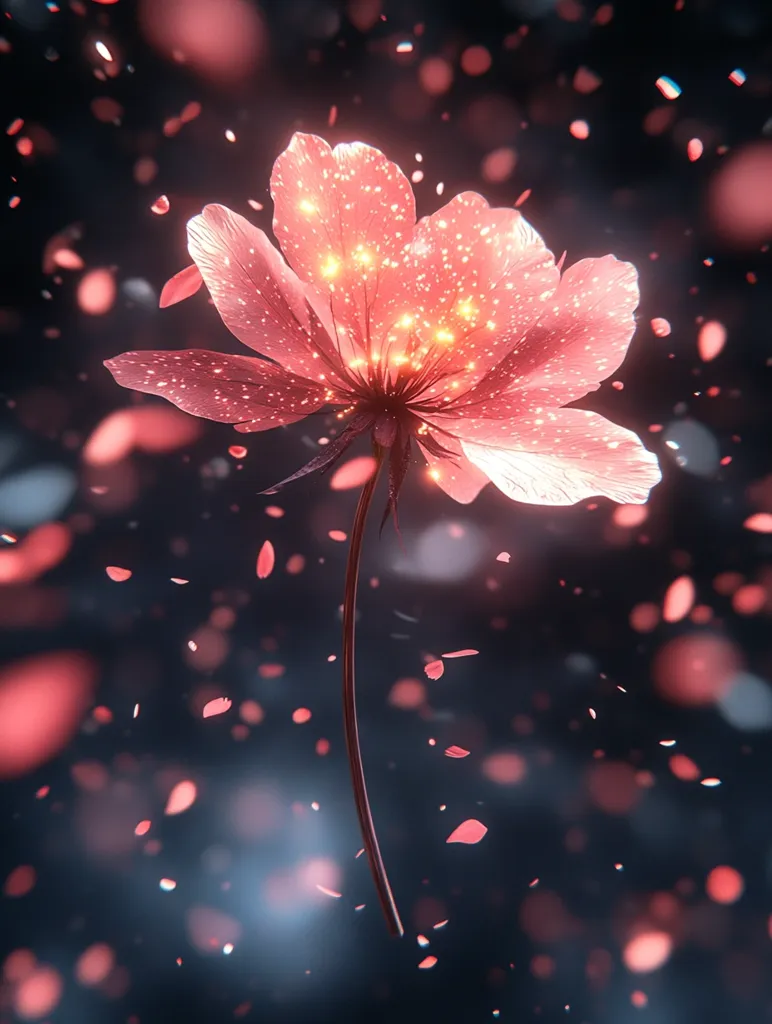 A single, glowing pink flower with a delicate stem stands out against a dark background. The flower is surrounded by a flurry of smaller pink petals, giving the impression of a magical, ethereal scene. The soft lighting and the ethereal feel evoke a sense of wonder and beauty.