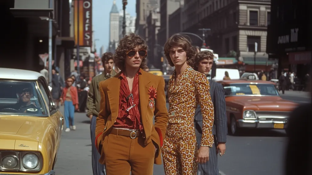 Three young men in stylish 1970s attire stand on a busy city street. The man in the middle wears a bold leopard print suit, while the man on the left is in a brown suede suit with a red shirt. The man on the right wears a blue striped suit. In the background, a yellow car is parked, and a red car is driving down the street. The scene is full of the vibrant energy of a bustling city.