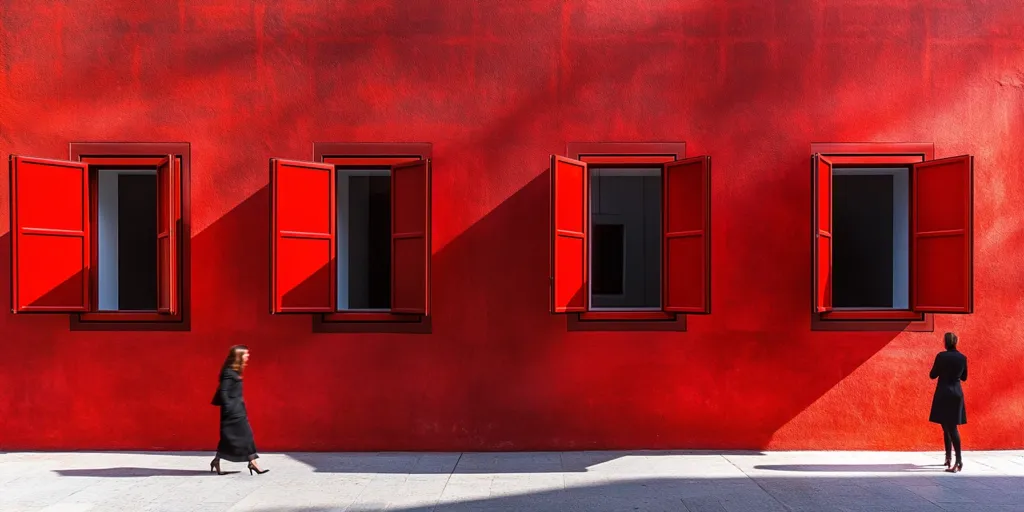 The image shows a red wall with four windows that have red shutters. Two people are walking in front of the wall, one is walking towards the camera and the other is walking away from the camera. The image is minimalist and has a sense of symmetry.