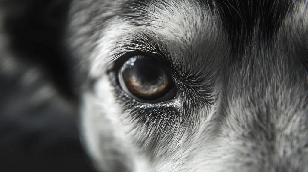 The image shows a close-up of a dog's eye, with the focus on the eye itself. The eye is wide open, with a brown iris and black pupil. The fur surrounding the eye is soft and fluffy, with a black and white pattern. The image is taken from a low angle, looking up at the dog. The background is blurred and out of focus.  The image gives a sense of intimacy and connection.