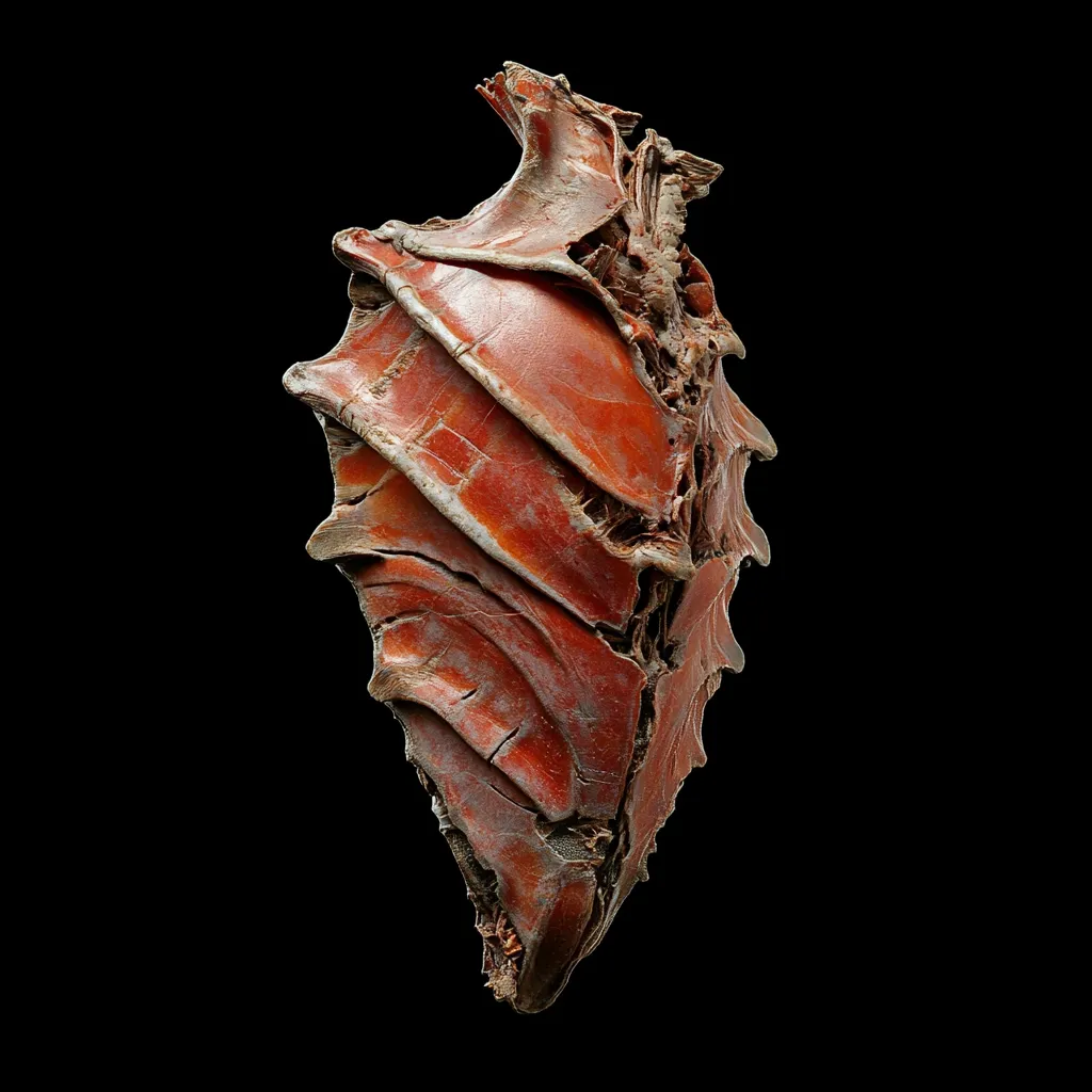 The image shows a close-up of a fossilized, red-brown, organic shell. The shell has a rough, textured surface and a  striated pattern. The shell is fragmented and weathered, suggesting it's been exposed to the elements for a long time. The dark background makes the shell stand out in the image.  The overall appearance is of a textured, weathered shell.