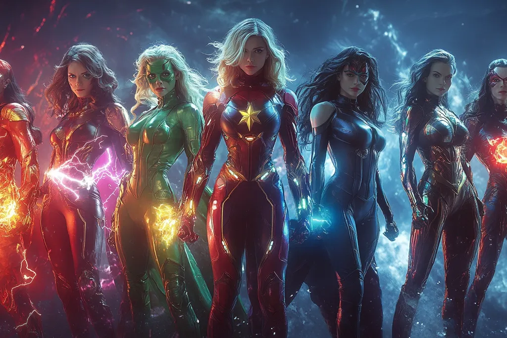 The image features seven female superheroes, each dressed in a unique and powerful costume. They are all standing in a line, facing the viewer, with their arms outstretched and glowing with energy. The background is a hazy blue and purple, with hints of red and orange, creating a sense of power and intensity. The overall mood is one of strength, determination, and readiness for battle.