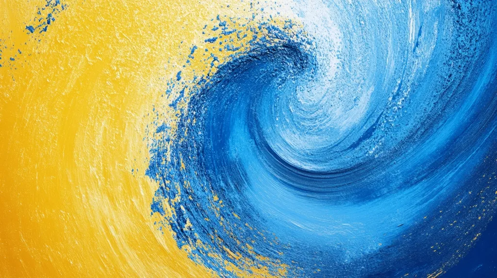 An abstract painting with a swirling blue and white pattern. It resembles a wave crashing against a yellow shore. The blue paint is thick and textured, while the yellow is smooth and subtle. The overall effect is dynamic and energetic.