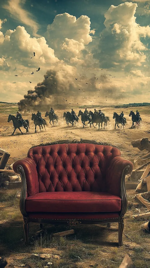 A red velvet tufted sofa sits in the foreground of the image. It is positioned in front of a vast, open landscape with a cloudy sky. In the distance, a line of horses and riders are moving through a field. The horses are dark in color, and the riders are dressed in similar attire. The scene has a surreal, dreamlike quality.