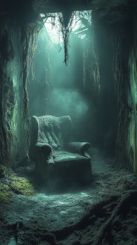 A dusty, overgrown room with a single armchair in the center. The room is dimly lit with a soft green glow. Vines and foliage hang from the ceiling and walls, adding to the eerie atmosphere. The chair is covered in dust and appears to be very old. The room is filled with an air of mystery and decay.