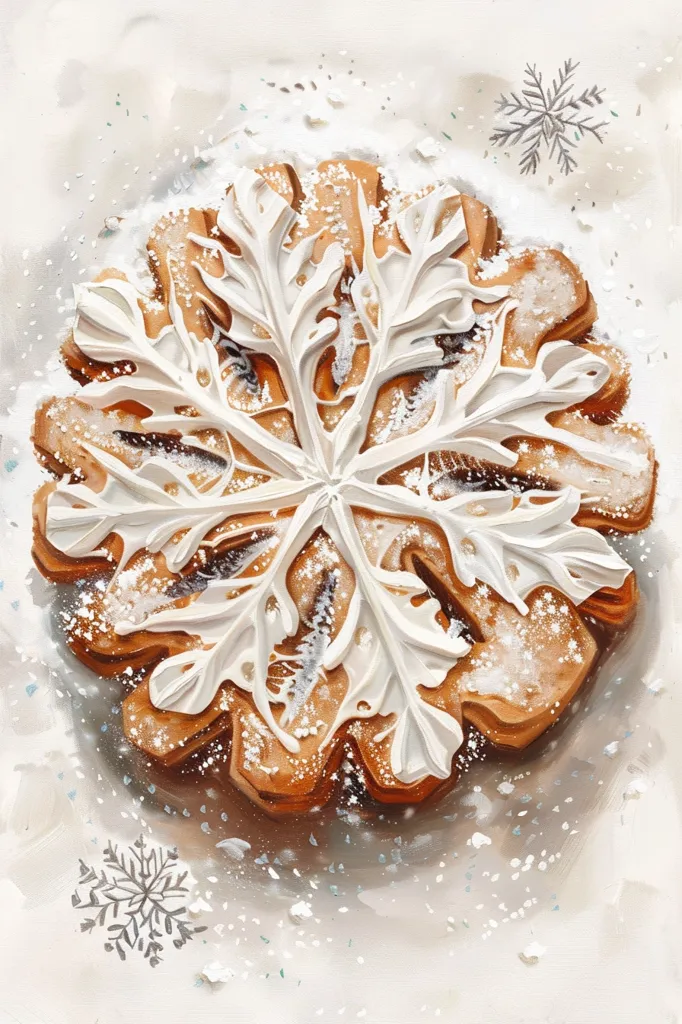 A gingerbread cookie shaped like a snowflake sits on a white surface dusted with powdered sugar. The cookie is decorated with white icing, creating a detailed snowflake design. There are also small, scattered snowflakes around the cookie, adding to the wintery theme. The image has a warm and inviting feel.