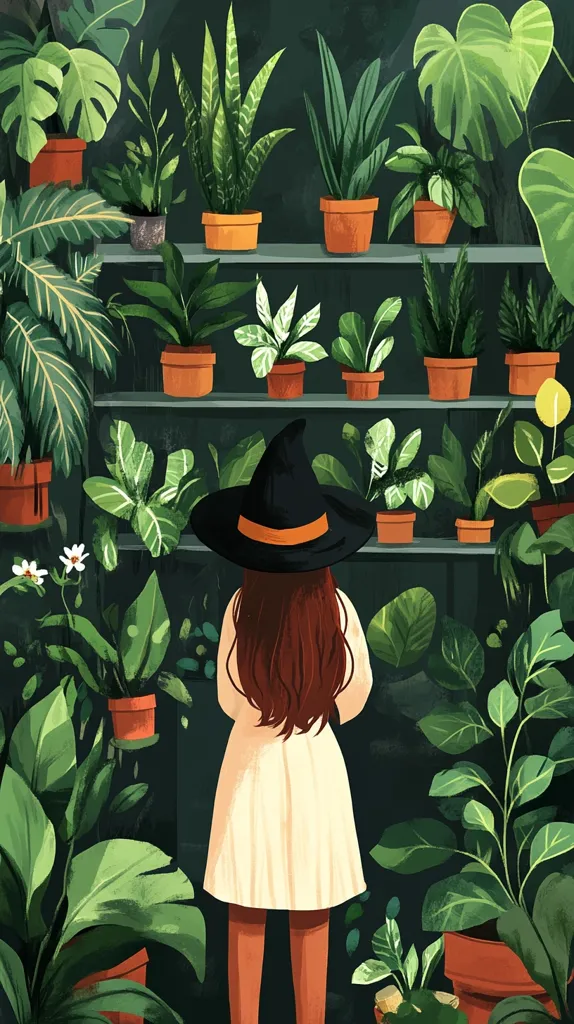 A woman in a white dress and a witch's hat stands in front of a wall lined with shelves full of potted plants. The plants are a variety of green and leafy, and some have white flowers. The background is a dark green, creating a contrast with the bright colors of the plants. The woman's long brown hair flows down her back. She looks like she is admiring the plants. The image creates a sense of peace and tranquility.