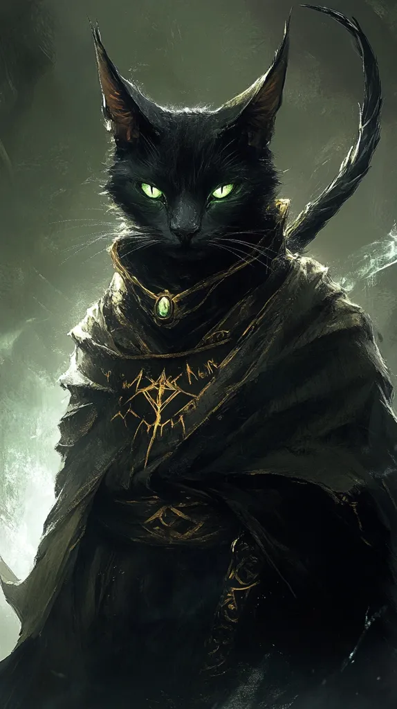 A black cat with piercing green eyes stares intensely at the viewer. It is adorned with a dark cloak and intricate golden jewelry, including a large emerald pendant. The cat's sharp features and intense gaze suggest a powerful and mysterious creature. The background is a dark, swirling mist, adding to the sense of enigma. The image evokes a sense of both danger and beauty, as if the cat is a guardian of secrets.