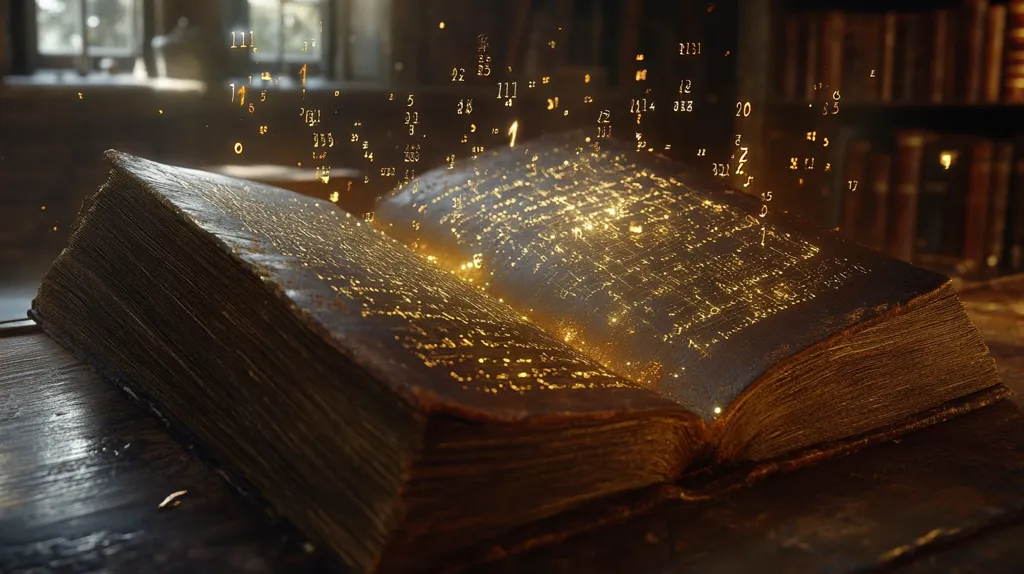 An old, leather-bound book lays open on a wooden table with a warm, golden glow emanating from its pages.  The book appears to be filled with ancient writing.  The glow creates a magical and ethereal atmosphere,  as if the book holds secrets waiting to be revealed.  A bookshelf with books and a window can be seen in the background.  Golden numbers float around the book, adding to the enchanting effect.