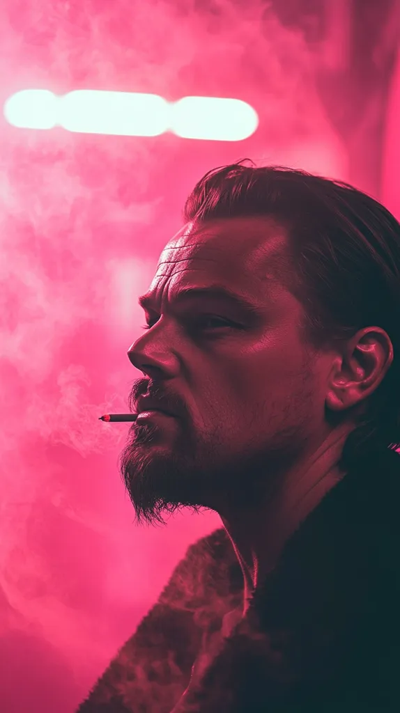 A man with a beard is smoking a cigarette. He is looking off to the side, and his face is lit by a pink light. The background is a blur of pink and white, suggesting a smoky environment. The image is shot from a low angle, giving the man a powerful presence.