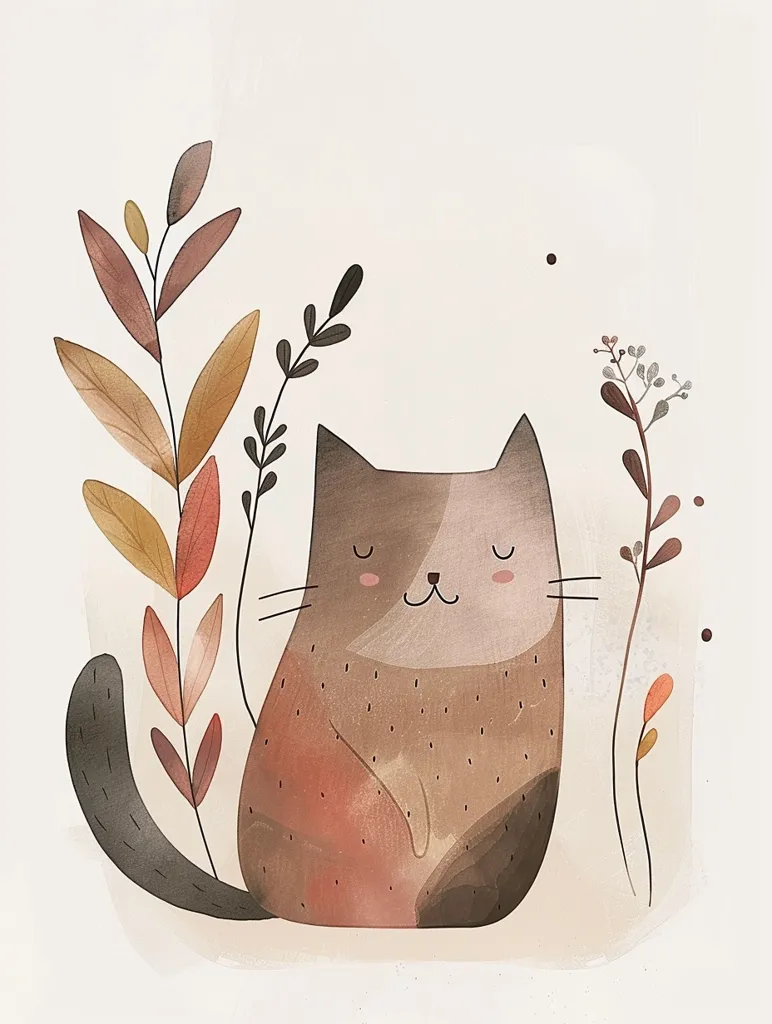 The image depicts a cute, cartoon cat sitting amongst stylized foliage. The cat is brown and white with closed eyes and a small, sweet smile.  The foliage is made up of brown and orange leaves and branches. The background is a simple white canvas with a few faint brown dots, creating a minimalist feel.  The overall image is warm and inviting, evoking a sense of calmness and serenity.