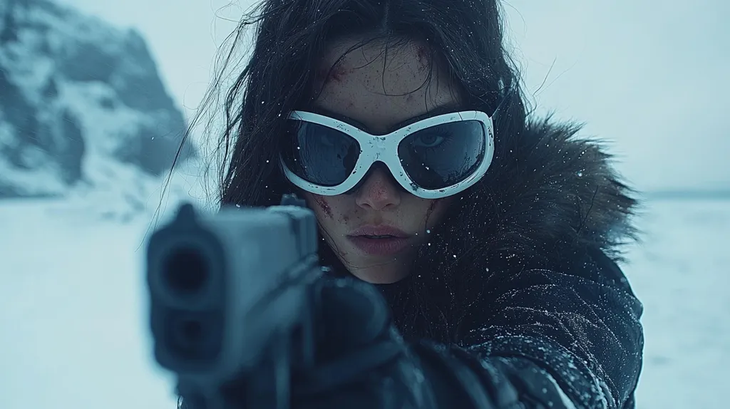 A woman in a black winter coat and white ski goggles holds a gun in front of her, aiming it towards the viewer. The background is blurred, with a snowy landscape and a mountain range in the distance. Her face is partially obscured by the goggles, and there is a hint of determination in her eyes. The image has a cold and dangerous atmosphere.