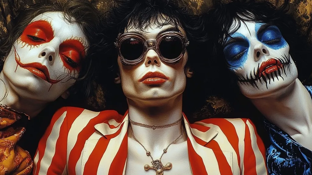 Three people are depicted, each with unique and elaborate makeup. The person in the middle wears thick-rimmed glasses and a red and white striped jacket. They have a serious expression and wear a gold necklace. The person on the left has red and white makeup, a mischievous smile, and their eyes are closed. The person on the right wears blue and white makeup with a jagged mouth and their eyes are closed. They all have dark hair and are looking directly at the viewer. The image is dark and moody with a focus on the makeup and expressions of the subjects.