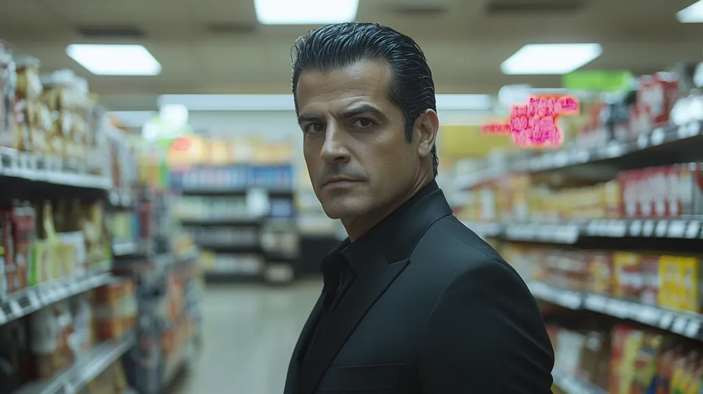 A man in a black suit stands in a grocery store aisle, his face serious and intense as he looks over his shoulder. The shelves are stocked with various products, but the focus is on the man's determined expression. The image evokes a sense of mystery and intrigue, hinting at a story unfolding within the ordinary setting of a grocery store.
