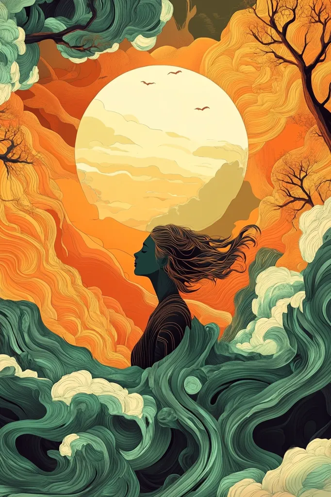The image is a vibrant and abstract depiction of a woman with long flowing hair standing against a backdrop of swirling orange and green waves. A large, luminous yellow orb resembling the sun, with birds flying above, hangs in the sky. The woman's silhouette is prominent, and the contrasting colors and organic shapes create a sense of movement and energy.  The artwork evokes feelings of freedom, serenity, and a connection to nature.