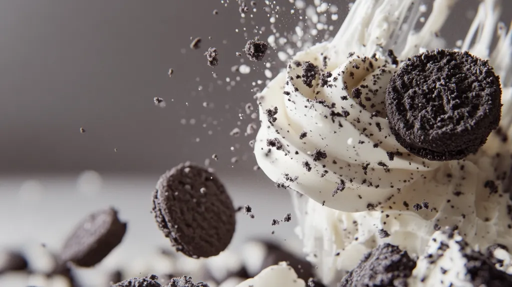 The image shows a close-up of a whipped cream dessert with chocolate cookie pieces. The cream is white and fluffy, and the cookie pieces are dark brown and crumbly. The image is captured in motion, with some cookie pieces flying through the air, creating a dynamic and delicious scene. The background is out of focus, creating a soft and ethereal atmosphere. The image evokes a sense of sweetness and indulgence.