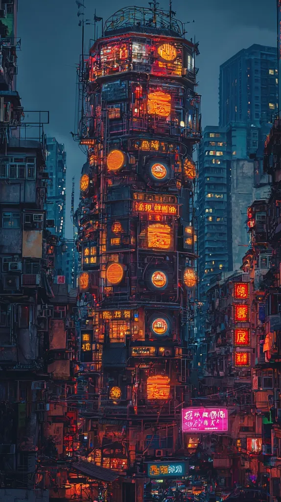 The image depicts a bustling, neon-lit cityscape, possibly in Hong Kong or another Asian metropolis. A towering, multi-level structure dominates the frame, its facade adorned with countless glowing signs and advertisements in Chinese characters. The structure's intricate design and vibrant color scheme create a sense of futuristic chaos and density.  Surrounding buildings are similarly packed with illuminated signs and windows, while a taller, modern skyscraper stands in the background. The scene is alive with energy and a palpable urban pulse.