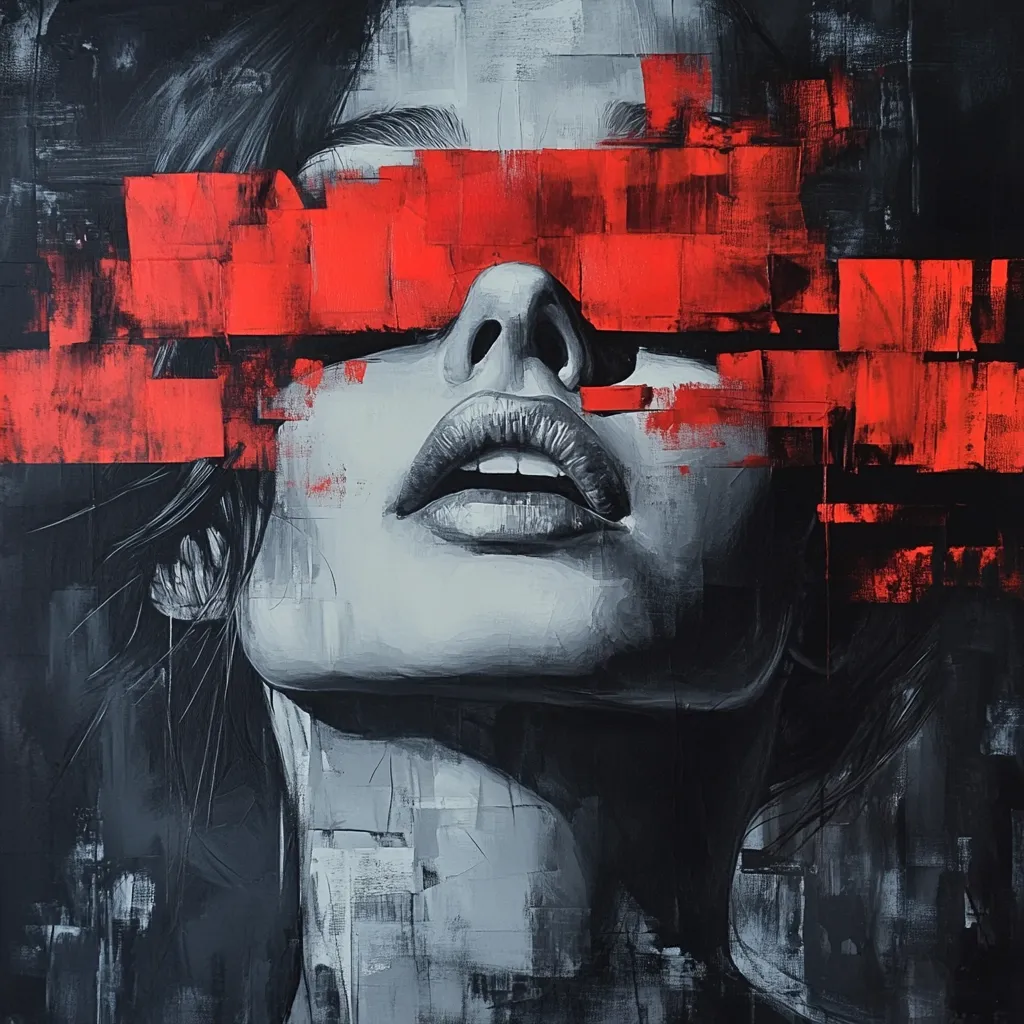 The painting depicts a woman's face, painted in a stylized manner. Her eyes are covered by a large, bright red band, obscuring her vision. The woman's mouth is open in a silent scream, suggesting a sense of anguish or pain. The background is a chaotic mix of black and grey, adding to the overall sense of unease.  The painting is a powerful and evocative portrayal of emotion.