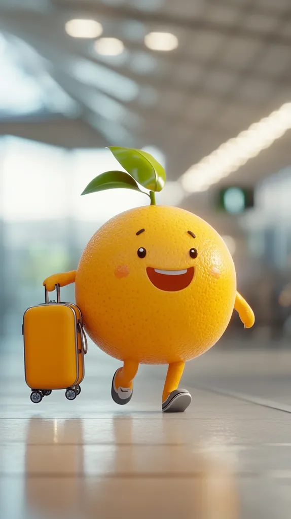 A happy, anthropomorphic orange with a green leaf on top, walks with a small yellow suitcase through a bright, modern airport. The orange has a big smile and is wearing shoes. The background is blurry, with a tiled floor and out-of-focus lights. The image is a playful and whimsical depiction of travel.