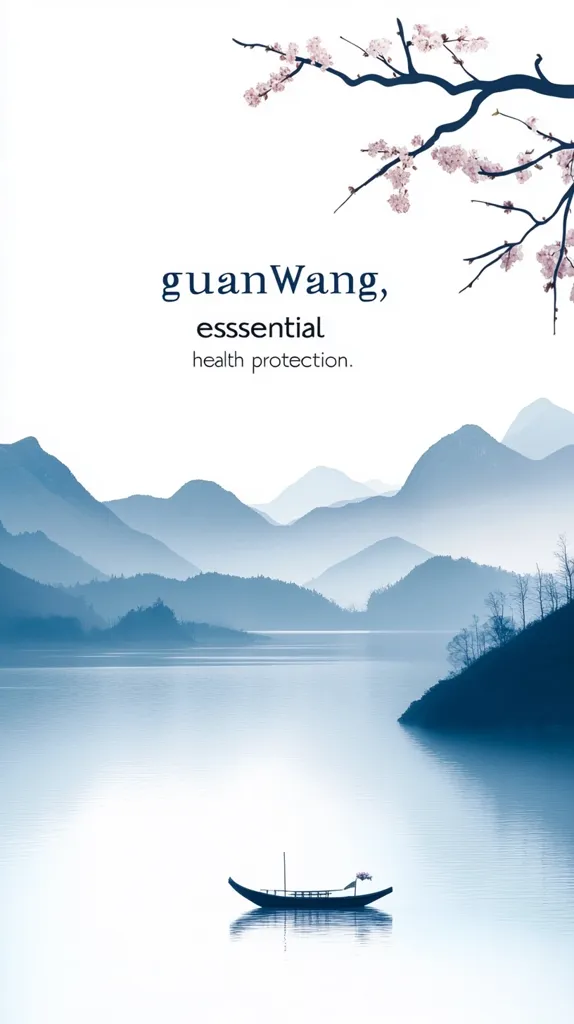The image features a serene landscape with a single boat floating on a calm lake. The background depicts a series of blue-hued mountains fading into the mist. A delicate branch of pink blossoms stretches across the top, adding a touch of elegance. The text "guanWang, essential health protection" is centered below the branch, suggesting a brand or product related to wellness. The overall image evokes a sense of peace, tranquility, and natural beauty.