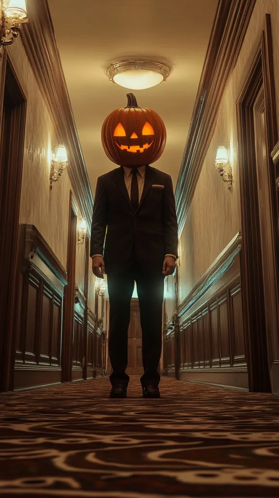 A man in a suit stands in a long, dimly lit hallway. His head is replaced by a glowing jack-o'-lantern with a friendly smile. The hallway is lined with dark wood paneling and ornate trim, creating a sense of both grandeur and foreboding. The scene is a chilling reminder that Halloween is just around the corner.