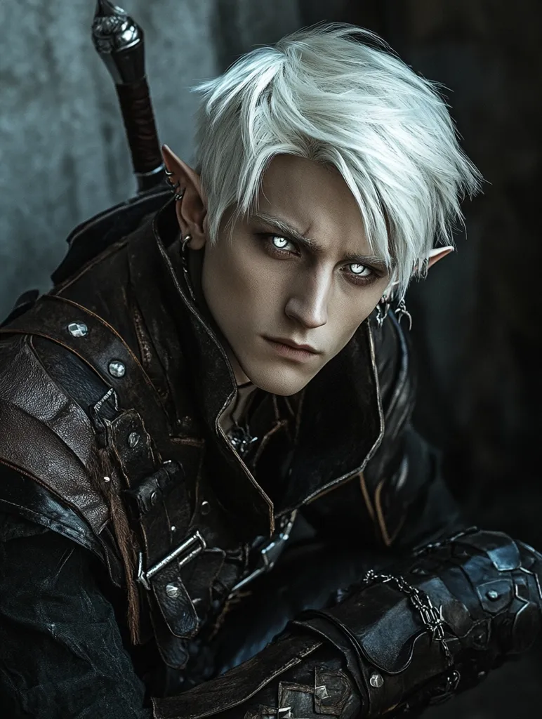 The image portrays a young man with striking white hair and piercing white eyes, suggesting a supernatural or magical being. He is dressed in dark leather armor, showcasing his warrior-like persona. A sword is partially visible behind him, further emphasizing his strength and potential for battle. His intense gaze, captured in close-up, evokes a sense of both danger and determination. The overall atmosphere is dark and brooding, hinting at a world of fantasy and adventure.