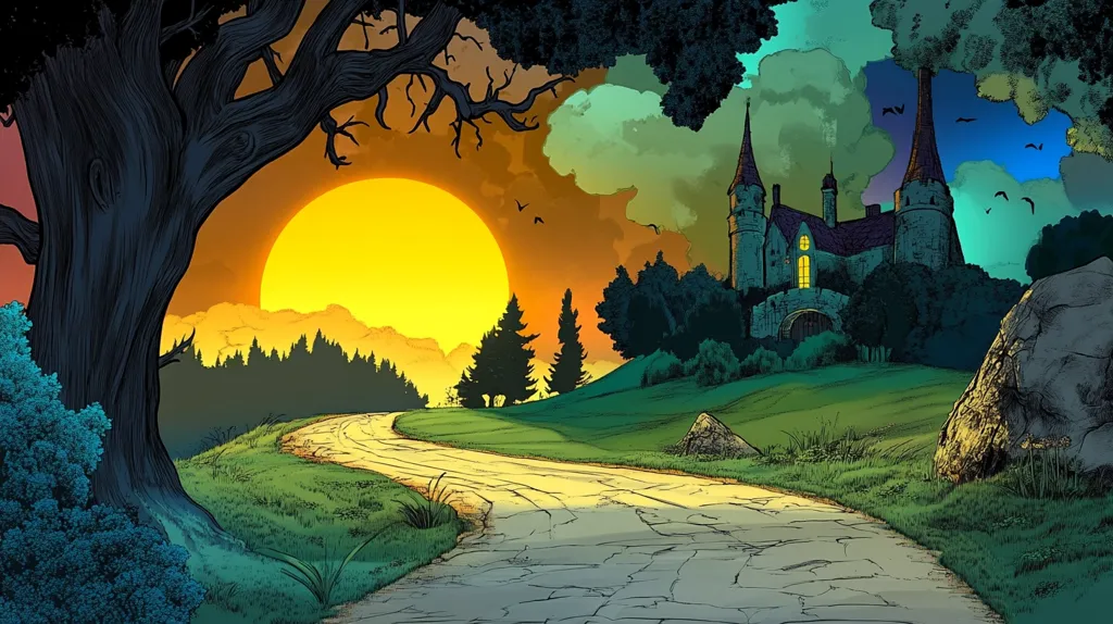 A large, gnarled tree stands in the foreground, its branches reaching towards a bright, yellow sun setting behind a distant castle. A winding dirt road leads towards the castle, passing through a lush, green meadow dotted with trees. The castle is partially obscured by trees, but its tall towers and glowing windows are visible. The sky is a vibrant mix of colors, with patches of orange, blue, and green. The image creates a sense of wonder and enchantment, reminiscent of a fairytale setting.