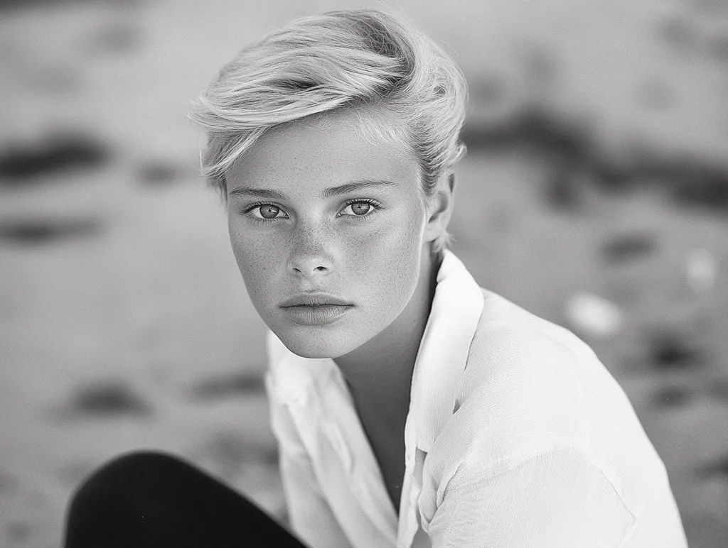 A young woman with short, blonde hair sits in a white shirt and dark pants. Her gaze is direct and her expression serious. Her face is lightly freckled and her lips are slightly parted. The image is in black and white, creating a classic, timeless look. The background is out of focus, drawing attention to the subject's face. The overall tone is melancholic, hinting at a deeper emotion.