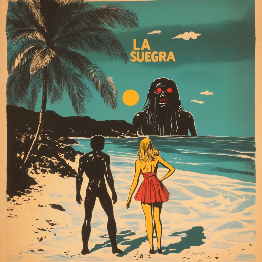The image depicts a scene from a horror movie titled "La Suegra", which translates to "The Mother-in-Law". A menacing silhouette of a creature with glowing red eyes stands in the water, ominously watching a couple on the beach. The couple, unaware of the danger, seem oblivious to the looming threat. The overall tone is eerie and unsettling, suggesting a lurking danger. The vibrant color palette and graphic style create a retro aesthetic reminiscent of classic horror films.