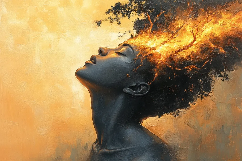 The painting depicts a woman with her head thrown back, her eyes closed, and her hair engulfed in flames. The flames are a bright orange and yellow, contrasting with the woman's dark skin. The background is a muted orange, suggesting a sunset or sunrise. The woman's expression is one of peace and serenity, even as her hair burns. The painting could be interpreted as a symbol of resilience and hope, even in the face of adversity.  The painting is done in a realistic style, with careful attention to detail.