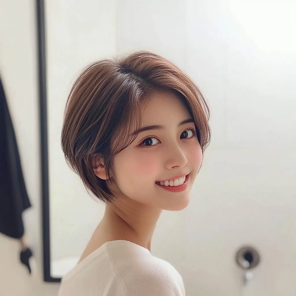 The image shows a young woman with short, dark brown hair. She has a white, porcelain complexion and large, dark eyes. Her hair is styled in a bob, with a side parting and a fringe that covers her forehead. The woman is smiling brightly, revealing her white, straight teeth. She is wearing a plain white shirt and is standing in a bathroom with a white wall and a mirror in the background. The image is taken from a low angle, giving the impression that the woman is looking down at the viewer. The overall tone of the image is cheerful and friendly.