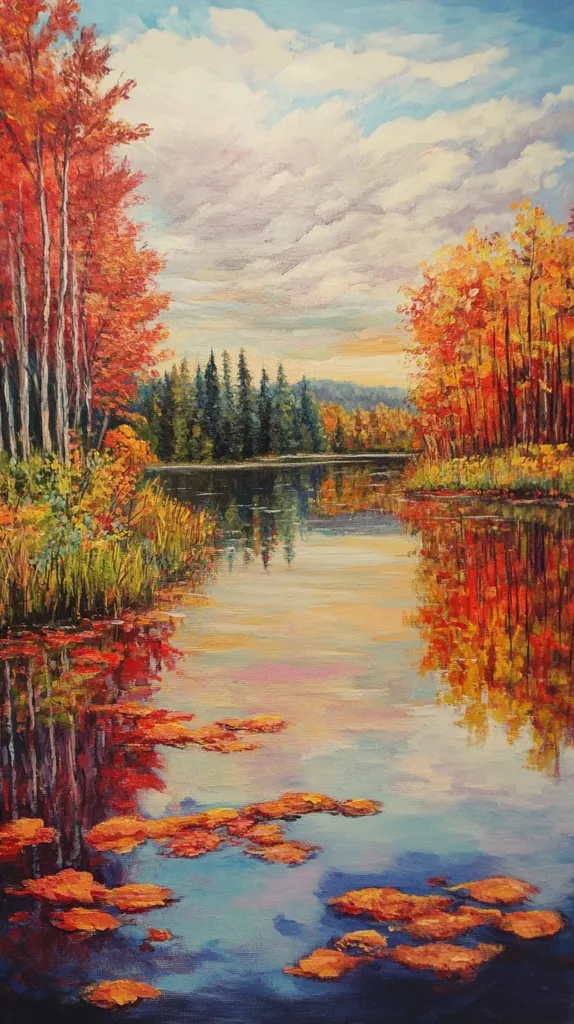 The painting depicts a serene autumnal scene with a calm lake surrounded by colorful trees. The foliage on the trees is a vibrant mix of red, orange, and yellow, reflecting in the still water. The sky above is a soft blue with fluffy white clouds, adding to the peaceful ambiance of the landscape. The overall effect is one of tranquility and beauty, capturing the essence of a picturesque autumn day.