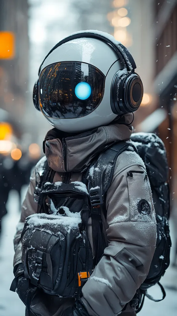 A robotic figure with a white helmet and large black headphones walks through a snowy city. The robot is wearing a grey winter jacket and a black backpack. The robot's helmet has a large visor that reflects the cityscape. Snow falls around the robot as it walks down the street.