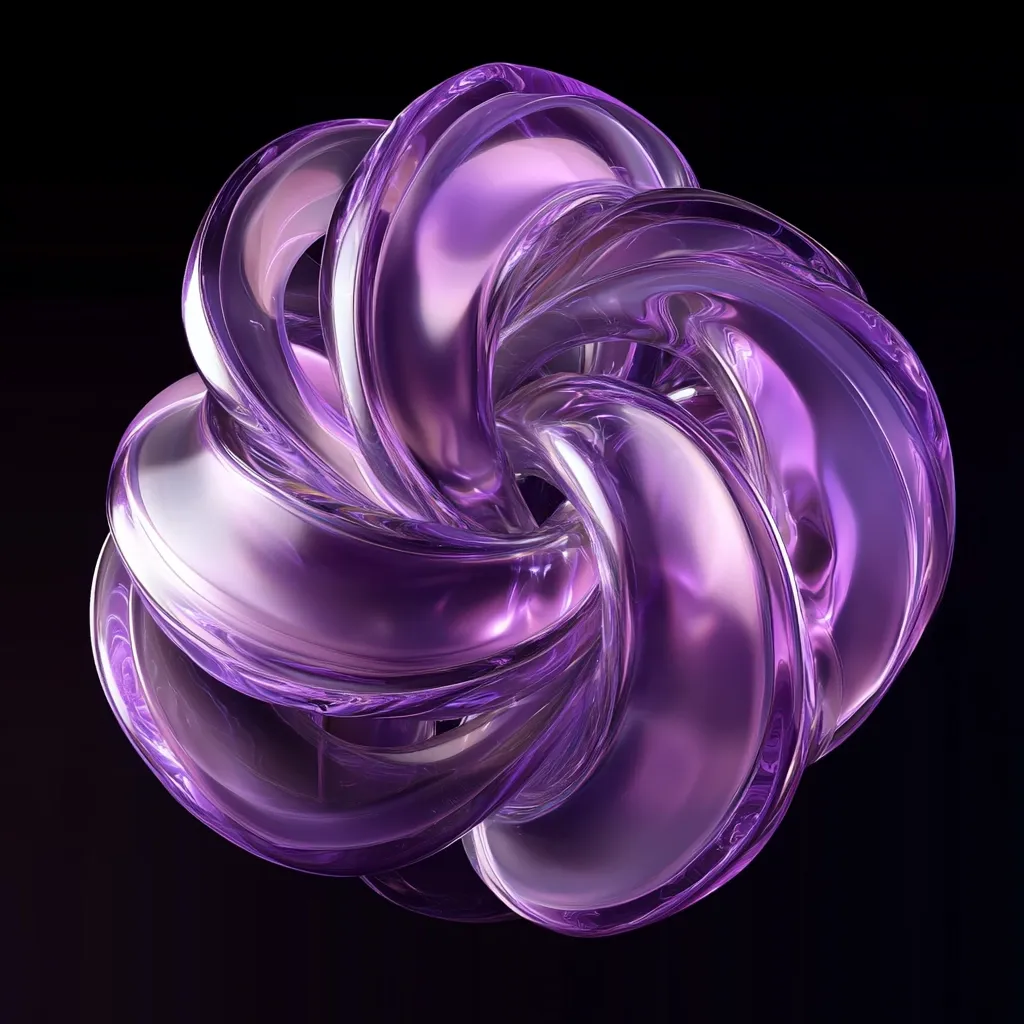 A swirling, abstract shape composed of multiple layers of shiny purple glass. The curves and angles of the glass create a complex and intricate pattern that seems to both twist and expand. The image is set against a black background that emphasizes the depth and luminosity of the glass. The light catches the glass in a way that makes it appear almost translucent, revealing subtle shifts in color and texture.  The composition is a study in abstract form and light, creating a mesmerizing and dynamic visual experience.