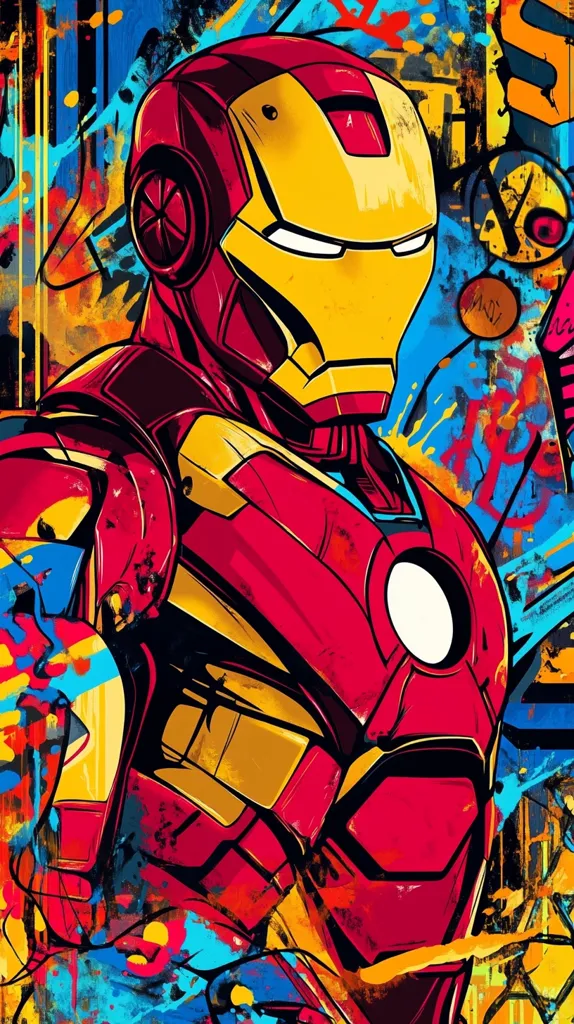 A close-up of Iron Man's head and shoulder, rendered in a vibrant and dynamic style. His iconic red and gold suit is highlighted against a backdrop of colorful, abstract brushstrokes. The image evokes a sense of energy and power, capturing the essence of the superhero.