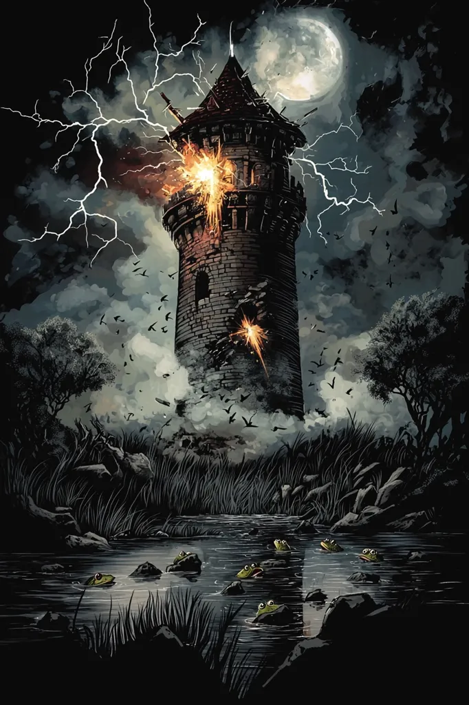 A tall, stone tower stands in the middle of a dark and stormy night. Lightning strikes the tower, causing it to crumble. The tower is surrounded by a dark, swampy area with frogs swimming in the water. The moon shines brightly in the sky. The scene evokes a sense of danger and destruction.