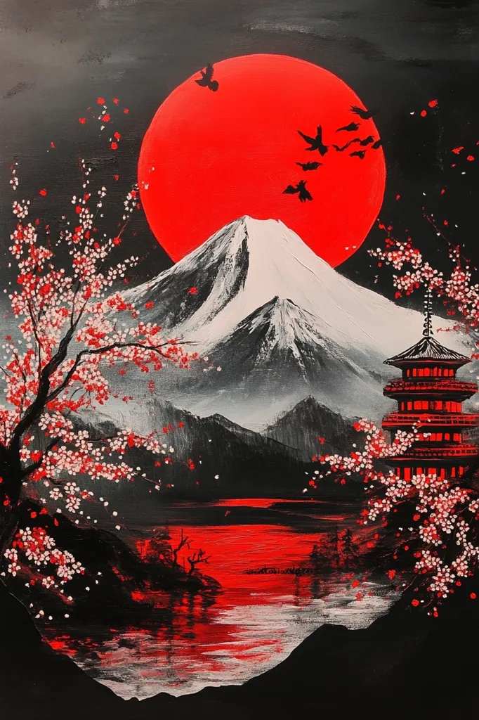 The painting depicts a Japanese landscape with a large red sun setting behind Mt. Fuji. The mountain is painted in black and white, with a snowy peak. There is a red pagoda in the foreground and a lake in the middle ground. The image is framed by cherry blossom branches on both sides.  The painting is done in a minimalist style, with bold colors and simple lines.