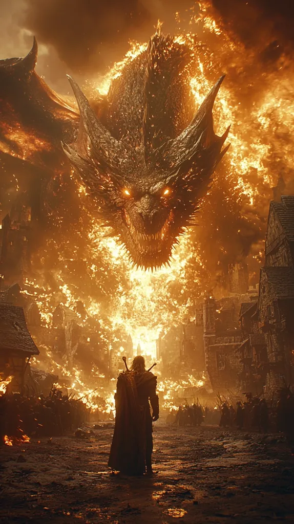 A fiery dragon, its scales glowing with heat, looms over a medieval city, its menacing face a terrifying sight. A lone figure, silhouetted against the flames, stands in the foreground, facing the beast. The air is thick with smoke and the smell of burning wood, as the dragon’s fiery breath engulfs the city in chaos. The scene evokes a sense of impending doom and the desperate battle for survival.